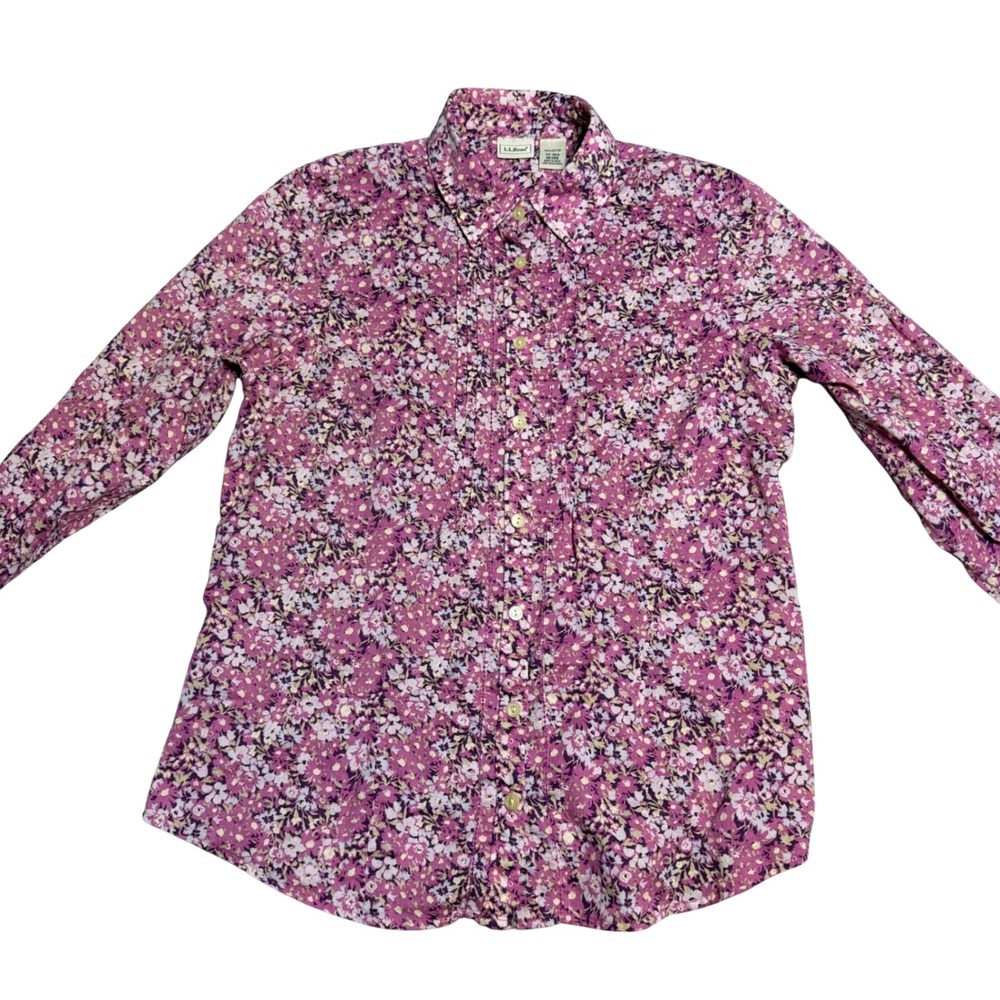 LL Bean Women XS Button Down Long Sleeve Blouse Shirt Floral Pink Cotton Western